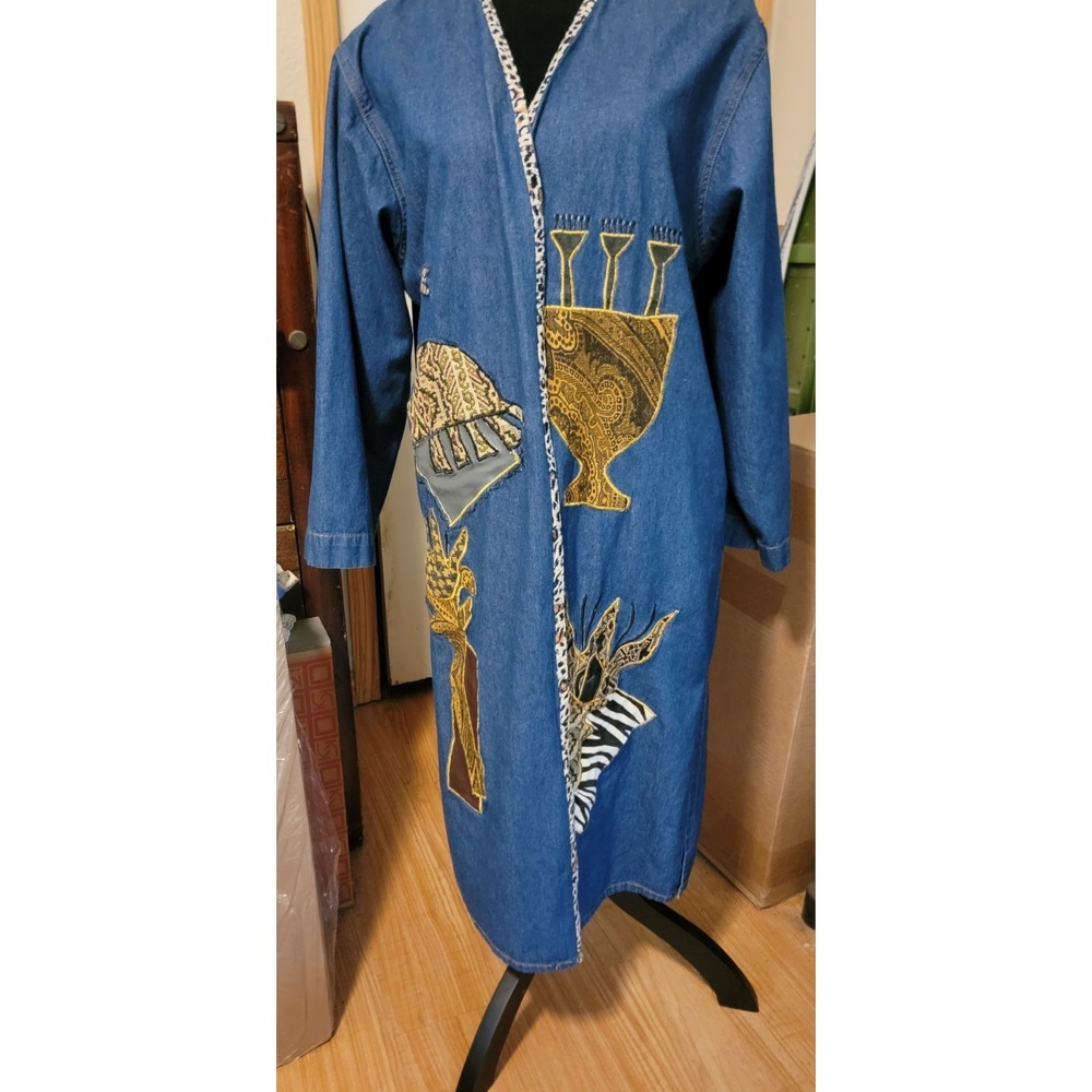 Vintage Pnina Woman African Long Denim Duster Open Front Folk Art Made In India - Picture 3 of 15
